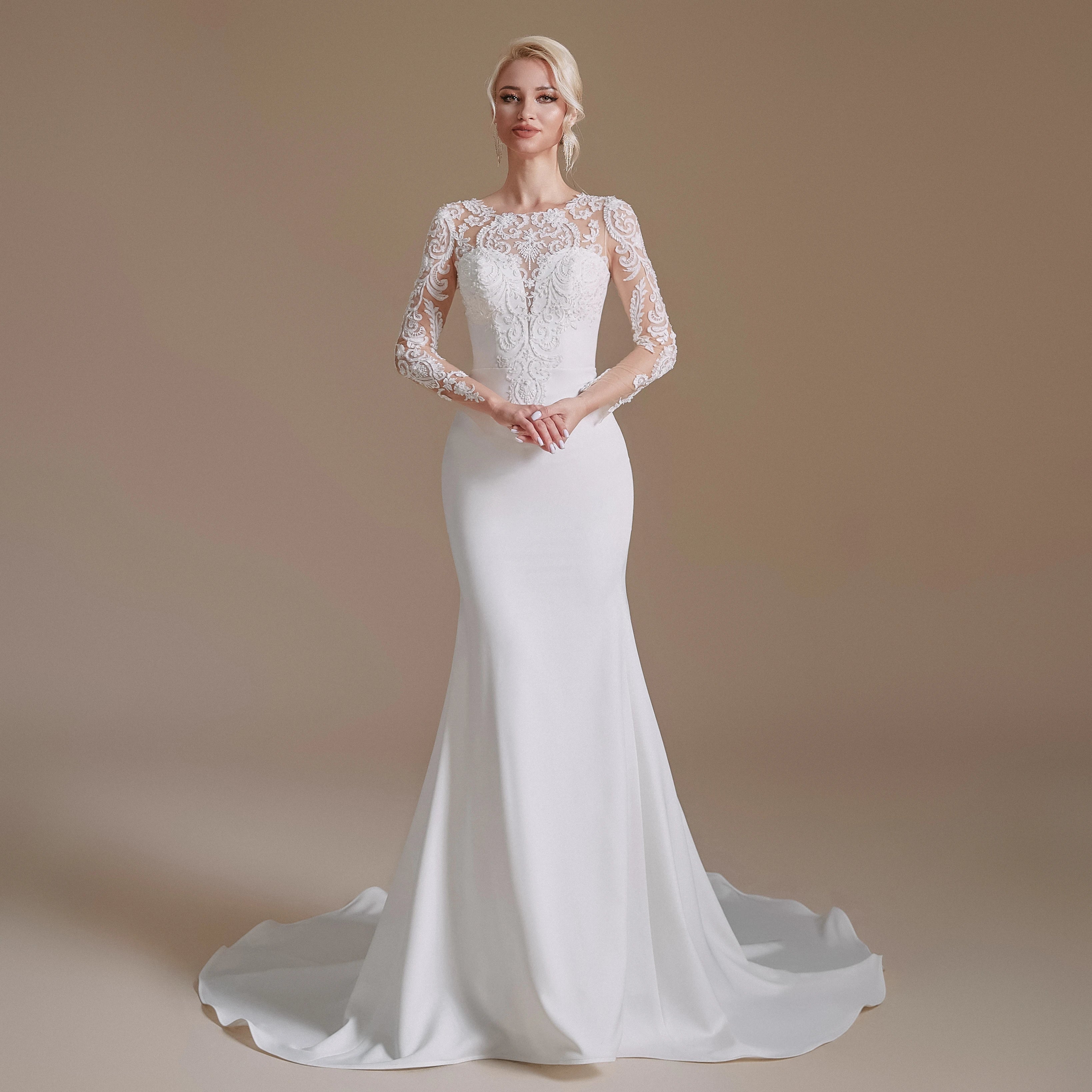 Long Sleeve Mermaid Wedding Dresses Beaded French 3D Flowers Lace Fishtail Elegant Bridal Gown Illusion Plunge Sweetheart RL087