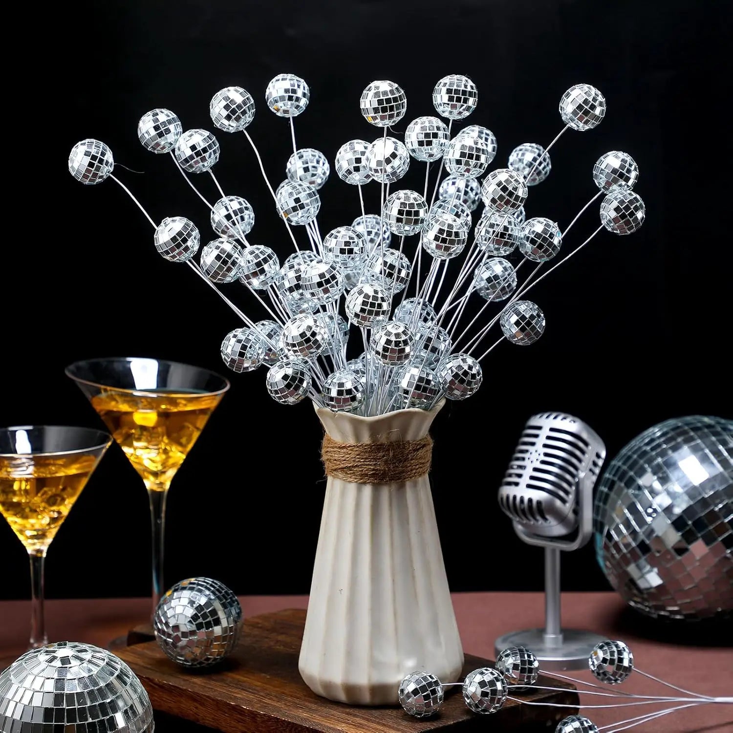 Decorative Sticks for Vases Tall DIY Stems Tree Party Wedding Holiday Silver Glitter Ball Picks Ornaments Set Disco Dirror Ball