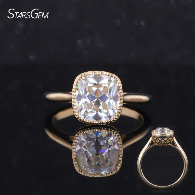 Starsgem Solid Yellow Gold Long Cushion OMC Cut Moissanite Engagement Ring for Women