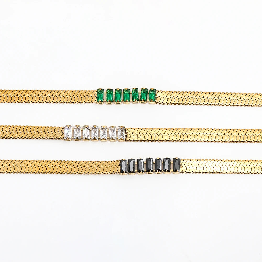 Joolim Luxury  Rectangle Zirconia  Crystal Stone Herringbone Stainless Steel Chain Necklace No Tarnish Waterproof Gold  Jewelry