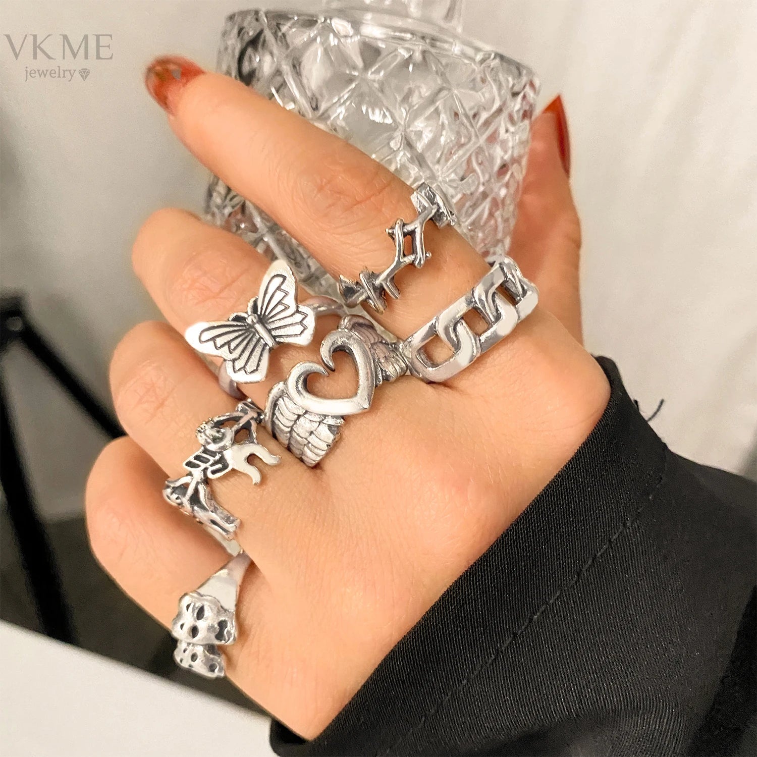 VKME Butterfly Ring Mix Love Heart Chain Ring Set Vintage Trend Jewelry for Women Jewelry