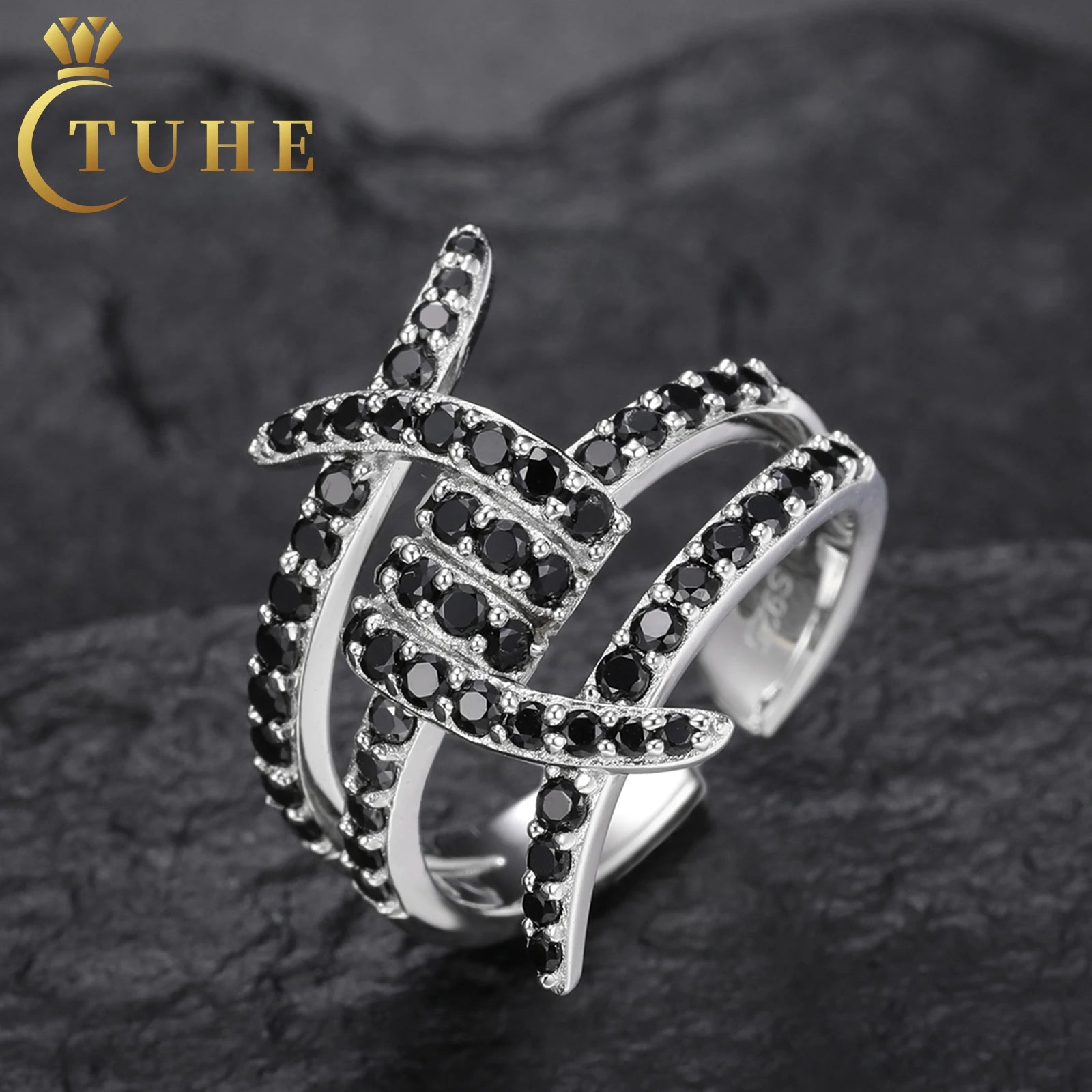 Luxury Mens Party Jewelry Fashion Adjustable White Gold 925 Sterling Silver VVS Black Moissanite Diamond Iced Out Thorns Ring