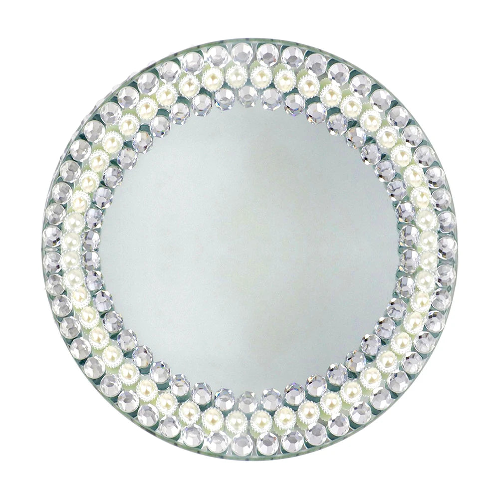 Wholesale Diamond Silver Rim Beaded Table Decorative 13Inch Jeweled Diamond Mirror Glass Charger Plate Wedding Events