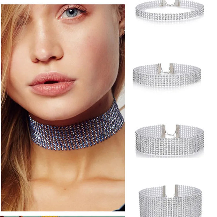 Silver Gold Plated Wide Multi Row Full Sparkly Diamond Crystal Collar Necklace Rhinestone Choker Necklace for Women Bridal