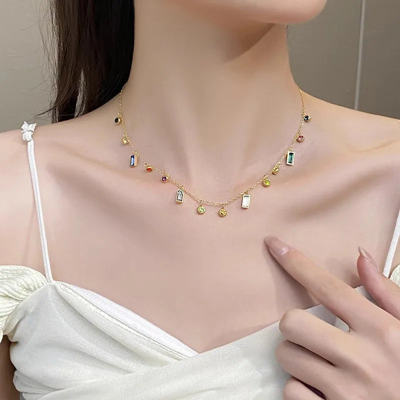 Non Tarnish Fashion 18K Gold Color Plated Cubic Zirconia Choker Stainless Steel Colorful Zircon Necklace for Women