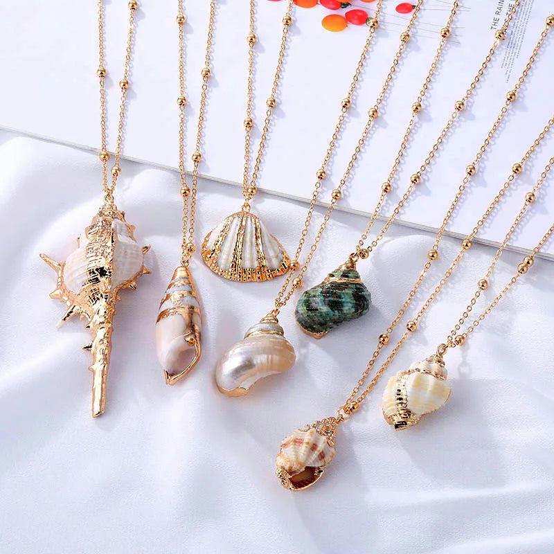 Casual Female Fashion Necklace Trendy Ocean Style Natural Conch Shell Pendant Geometric Gold Plated Alloy Link Chain Gift