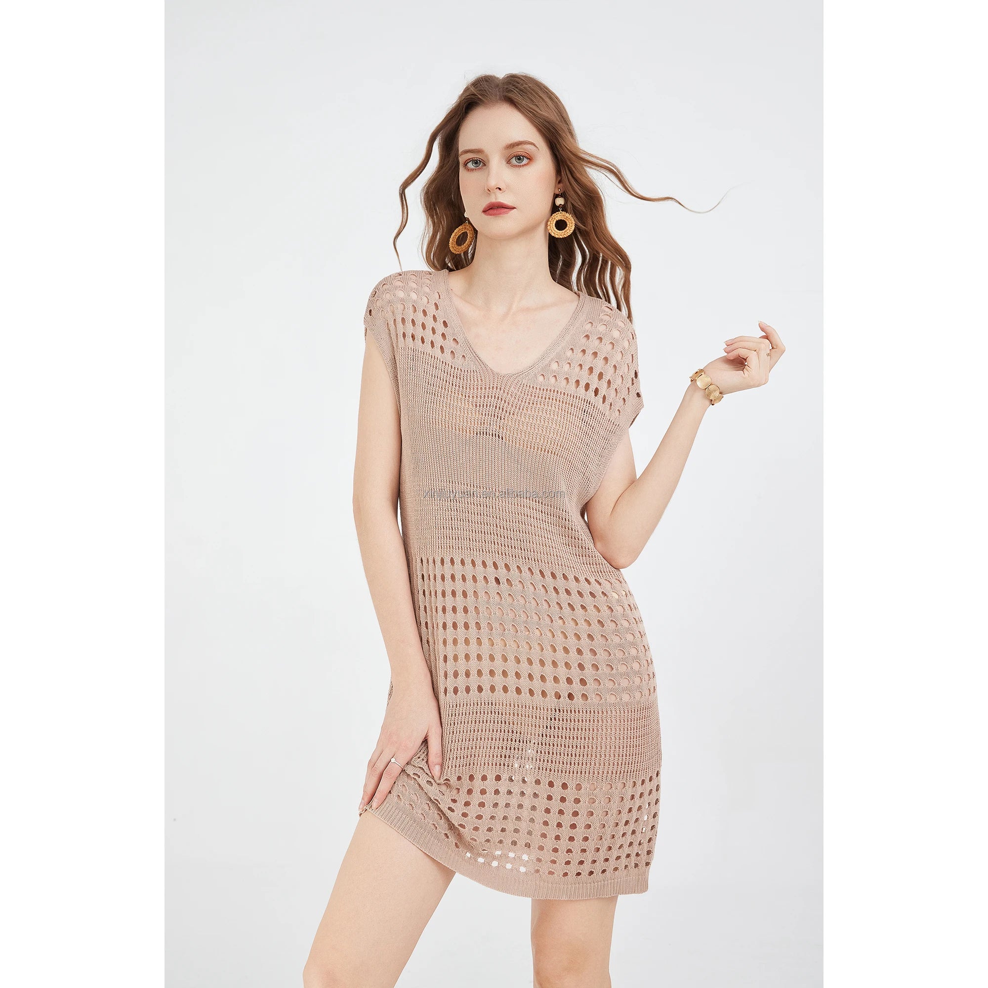 Women's Crochet Bathing Suit Coverup Knitted Midi Knitted Dress with Hollow Out Batwing Sleeve Casual Vacation Style