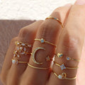 10Pcs/Set Female Gold Plated Heart Rings Set Vintage Leaf Star Moon Diamond Combination Ring Set for Women