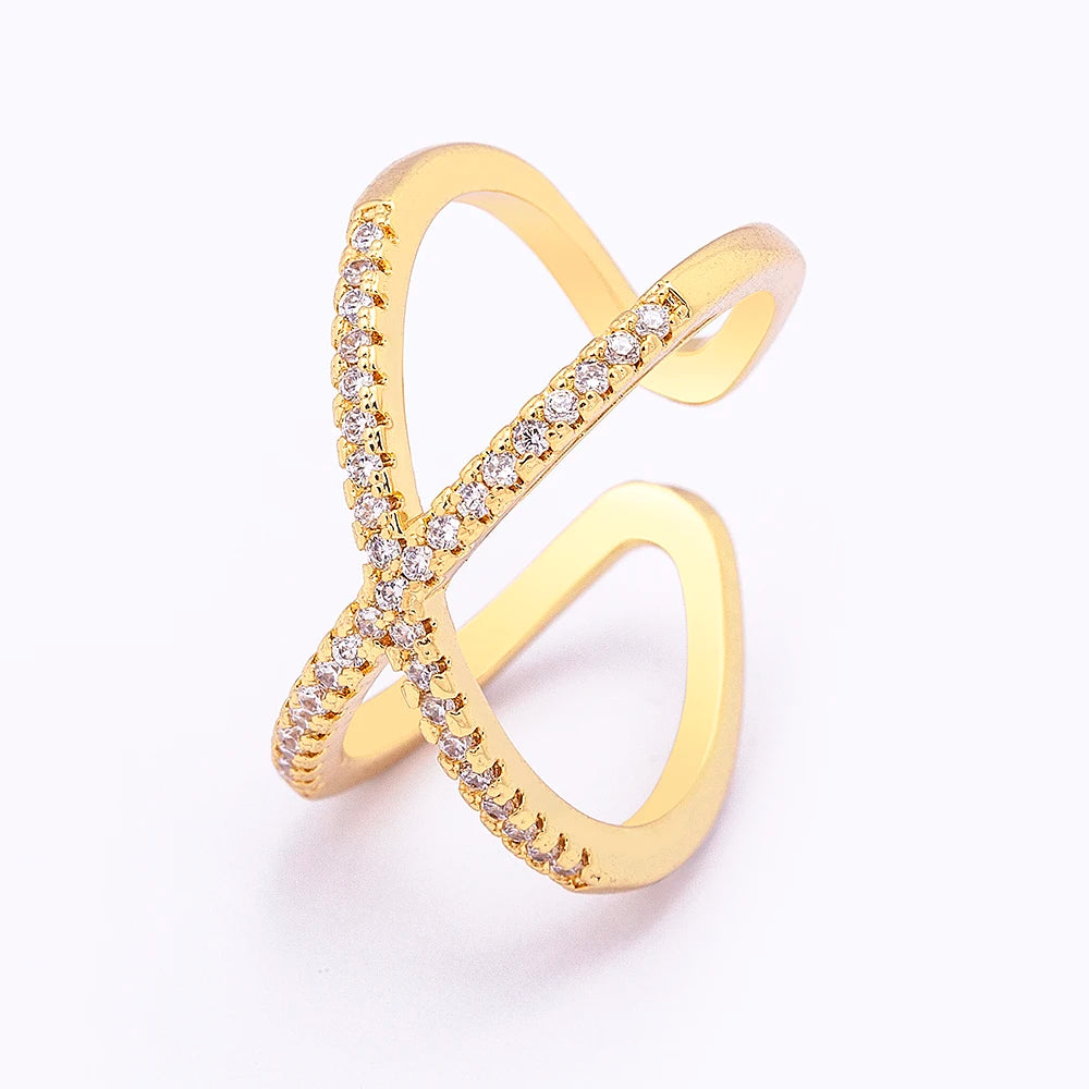 QIKU Wholesale Luxury X Shape Women Opening Adjustable Ring Full Paved Zircon Copper Gold Color Jewelry Elegant Simple Accessory