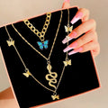 VKME Trendy Boho Snake Butterfly Locket Coin Pendant Layered Pearl Choker Necklace Set Women Jewelry