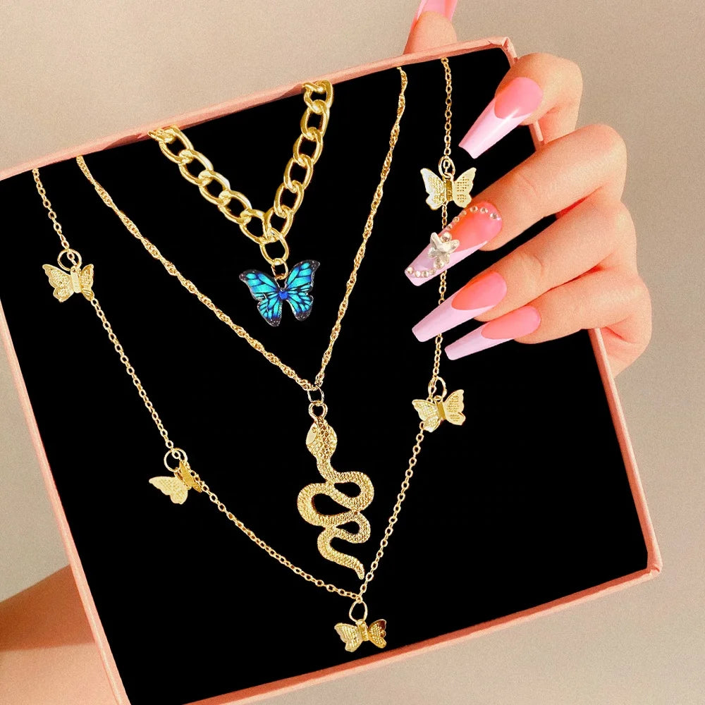 VKME Trendy Boho Snake Butterfly Locket Coin Pendant Layered Pearl Choker Necklace Set Women Jewelry