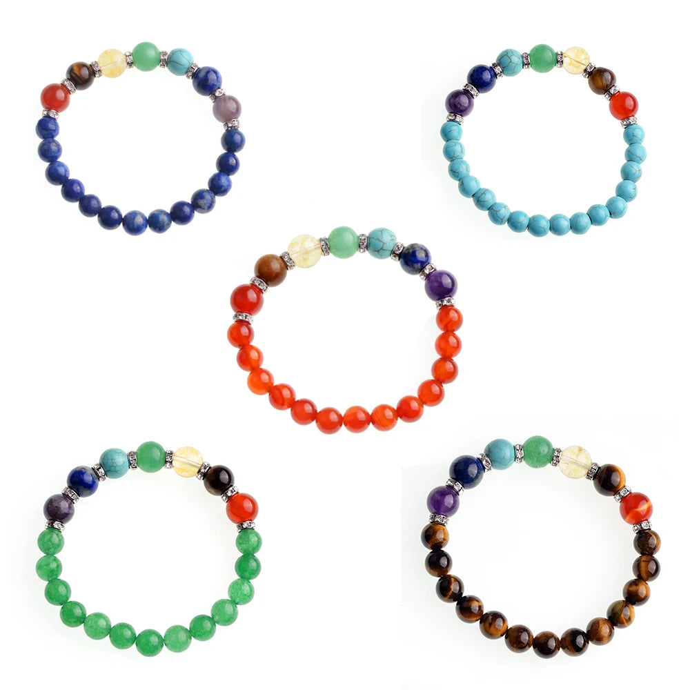Natural Gemstone Hamsa Hand Beaded Stretch Bracelet Eye Charms Pendant 8mm Stone Protection Healing Crystal Stretch Beaded