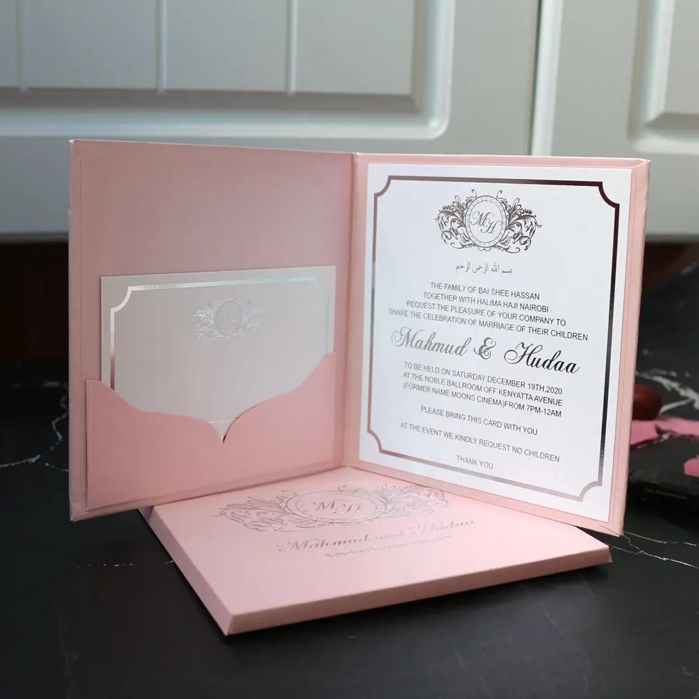 Square Size Blush pink Wedding Invitation Hardboard with Small Cards