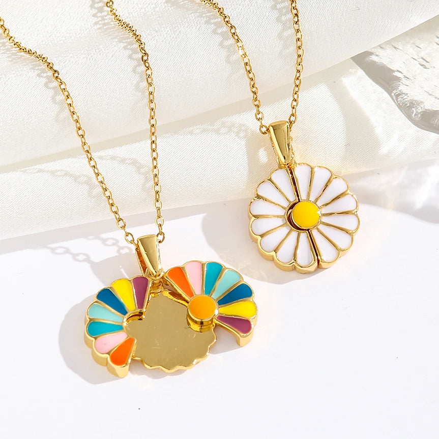 Trendy Colorful Enamel Pendant Accessories Stainless Steel Necklace Beautiful Openable Colorful Daisy Necklace Gifts for Women