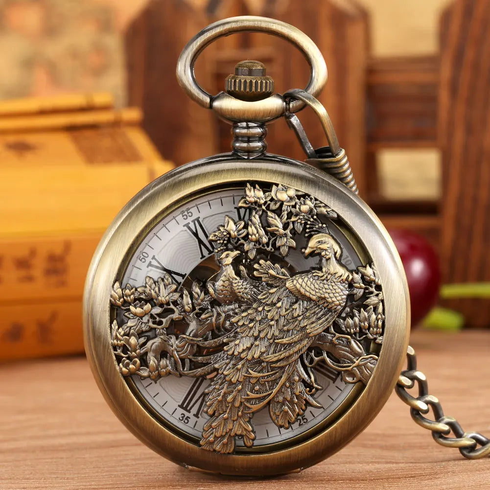 Luxury Phoenix Bird Hollow Steampunk Mechanical Pocket Watch With Roman Numeral Skeleton Hnad Wind Locket Watch with Fob Chain