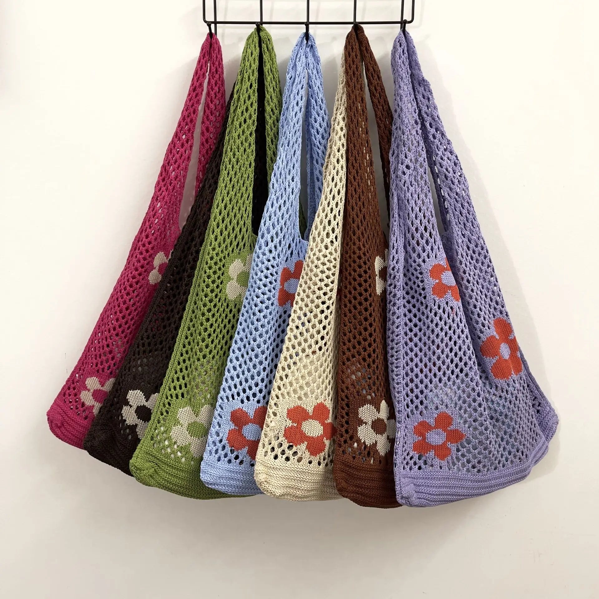 Women's New Crochet Net Totes Floral Beach Crochet Knit Tote Bags Elegant Floral Beach Shoulder Bag