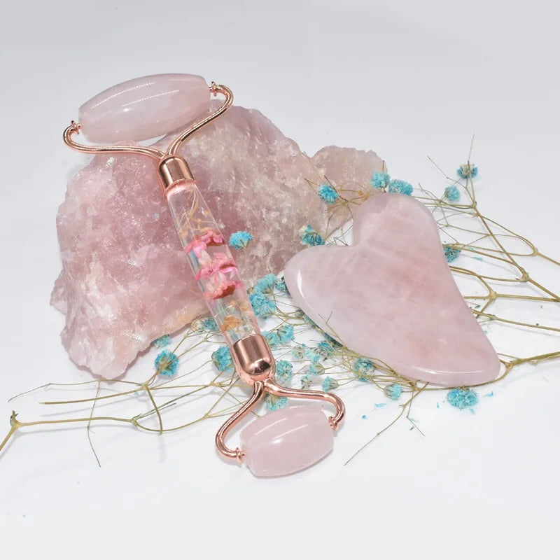 New Arrival Private Label Portable Handheld Flower Handle Green Rose Quartz Wholesale Silent Eye & Face Roller Gua Sha