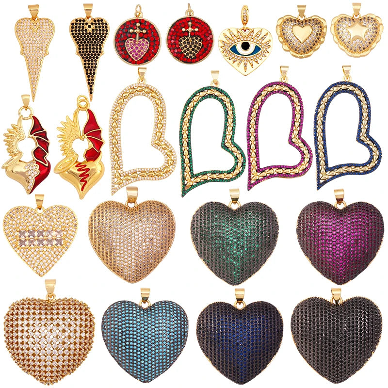 Luxury Colourful Love Heart Focal Charm PendantFull Cubic Zirconia Real 18K Gold Plated Jewelry Necklace Accessories Supply S53