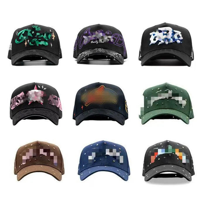 High Quality Custom 5-Panel Embroidered Logo Sporty Dobby Dot Men Women Rhinestone Sports Caps Baseball Cap with Suede Brim