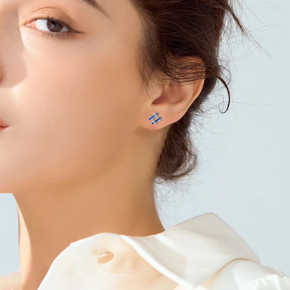 Fine Jewelry Earring Studs Blue White Zirconia Gemstone Rhodium Plating Real Silver Earring Studs for Girl