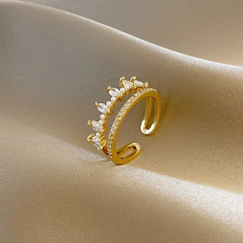 Luxury 18k Gold Plated Double Layer Ring Adjustable Open Rings Shiny Iced Out Cubic Zircon CZ Pearls Crown Rings