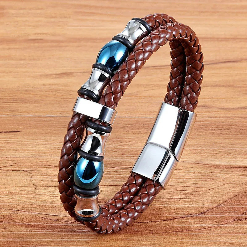 European and American Trendy Jewelry Genuine Leather Bracelet With Logo Engraving Stainless Steel Magnetic Clasp Bangle for Men