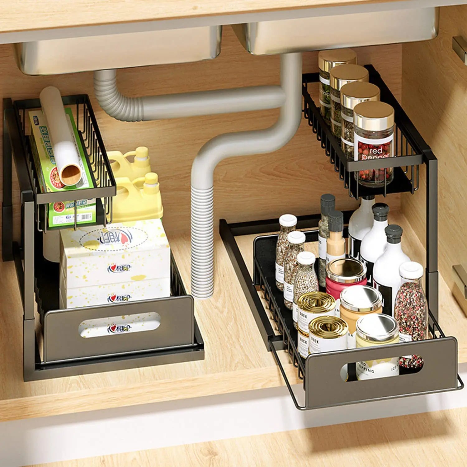 Kitchen Storage Under Sink 2 Tier Sliding Cabinet Basket Organizer Drawer Pull Out