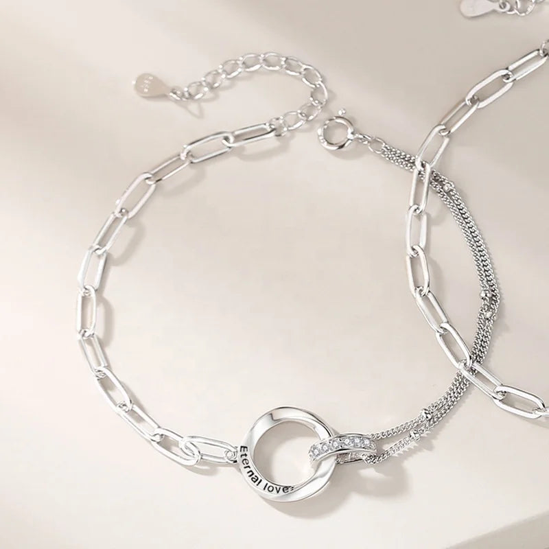 925 Silver Mobius Simple and Minimalist Interlocking l Bracelet Double Rings Pure Silver Couple's Bracelet