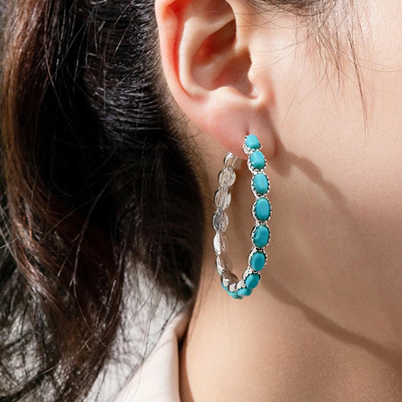 Popular Turquoise Hoop Earrings Silver Turquoise Stone Hoop Earrings Jewelry for Women