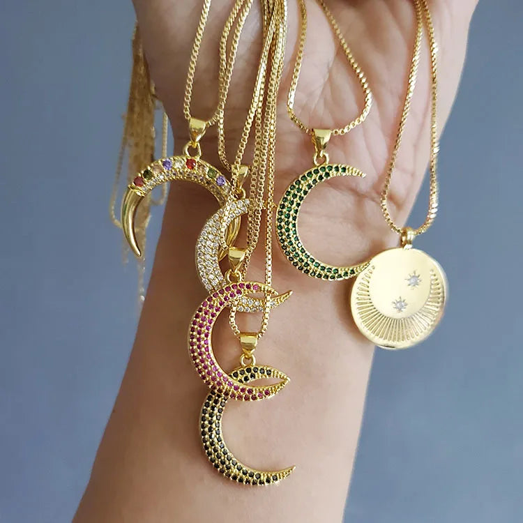NZ1179 New Gold Plated Diamond Jewelry Chic Cubic Zirconia CZ Micro Pave Crescent Moon Pendant Chain Necklace