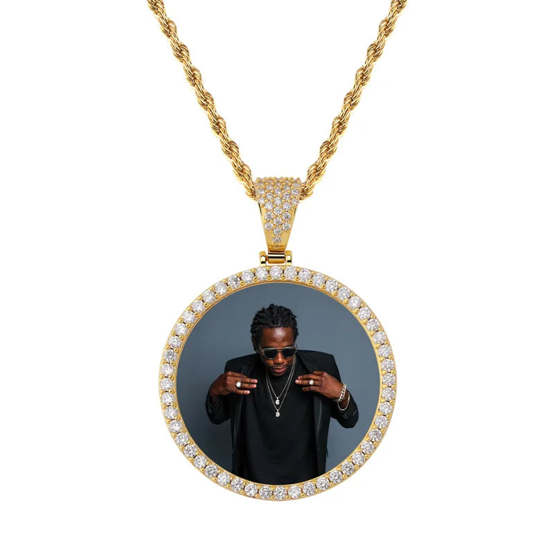 Custom Gold Plated Brass Hip Hop Picture Necklace Cubic Zirconia & Memory Medallion with Circle Chain Unique Personalized Design MegaBDM