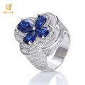 NUOYA Shiny Blue Gemstone Flower Shape Rings White Gold Plated Hip Hop Jewelry Iced Out Four Leaf Diamond Ring for Women MegaBDM