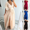 Women's Solid Color V Neck Belt Dress Elegant Occasional Floor Length Evening Formal Dresses