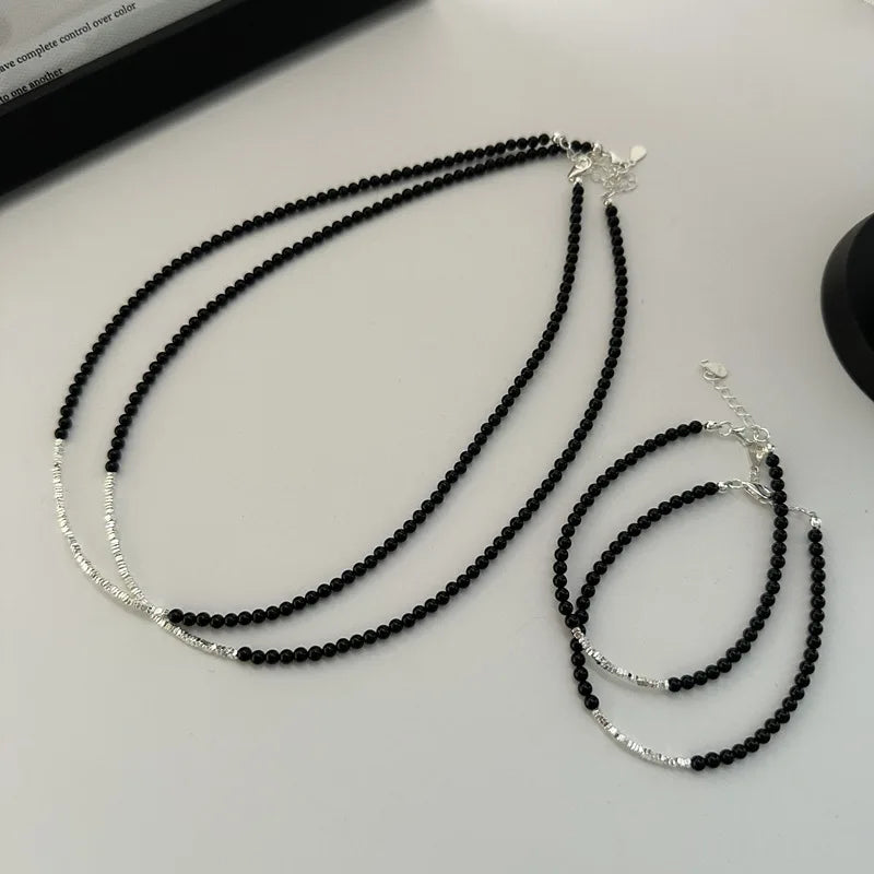 925 Sterling Silver Vintage Black Agate Geometric Broken Silver Beads Beaded Necklaces Bracelets for Women
