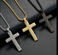 QUSEDINY Men's High Polish Stainless Steel Link Necklace Fashion Gold Diamond Christian Cross Script Pendant Christian Jewelry