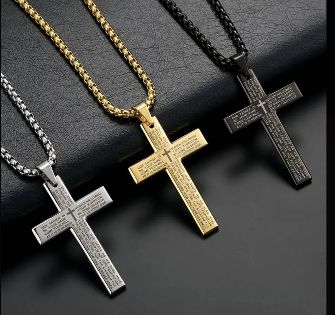 QUSEDINY Men's High Polish Stainless Steel Link Necklace Fashion Gold Diamond Christian Cross Script Pendant Christian Jewelry