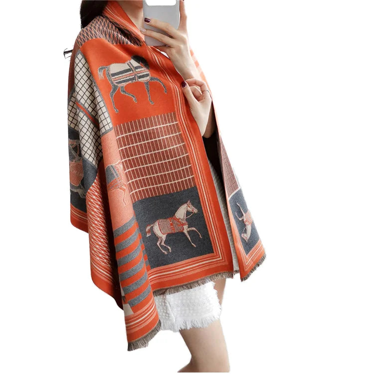 2025 Winter European American Style Women's Long Warm Neck Scarf Double Sided Two Tone Shawl Digital Cotton Carriage Warm