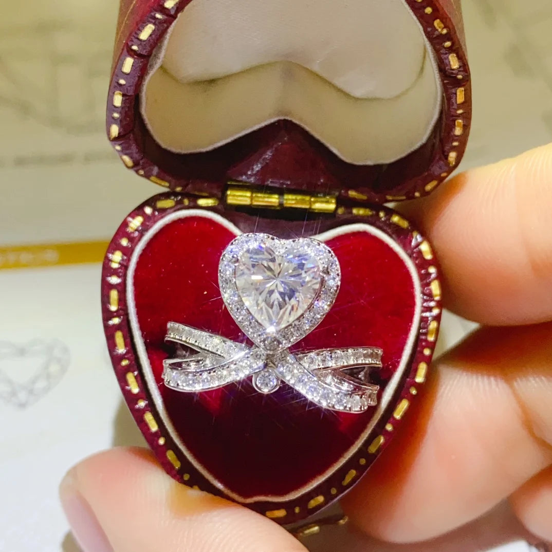 Silver 925 Original 1 Carat Diamond Test Past Brilliant Cut Sparkling D Color Heart Moissanite Ring for Women Gemstone Jewelry