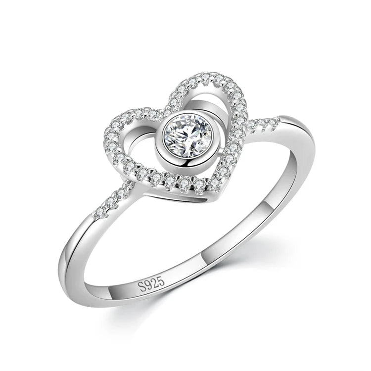 Luxury Jewelry White Gold Plating 925 Sterling Silver Heart Shape CZ Diamond Wedding Engagement Ring for Women Girls