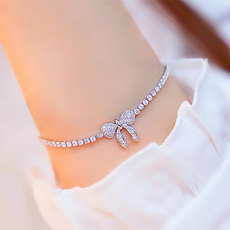 HOVANCI Best Selling Trendy Adjustable Tennis Chain Full Rhinestone Bow Tie Bracelet for Girls