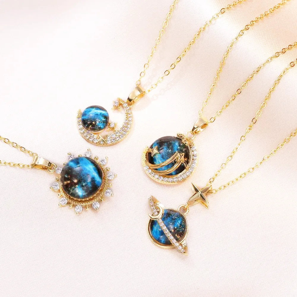 Delicate 316L Stainless Steel Choker Necklace Moon Star Starry Sky Planet Women Girl Party Gold Zircon Pendant Necklaces Jewelry