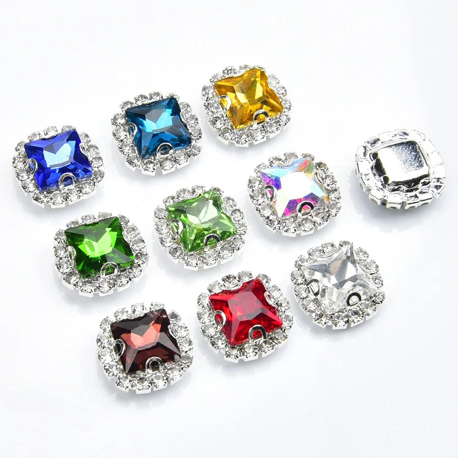 12mm Crystal Button Square Rhinestone With Silver Claw Base Glass Strass Sew on Stones Diy Clothing Wedding Dress Accessories