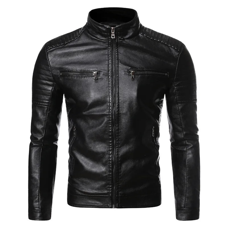 New Causal Vintage PU Leather Jacket Coat Men Spring Outfit Design Motor Biker Pocket Leather Jacket