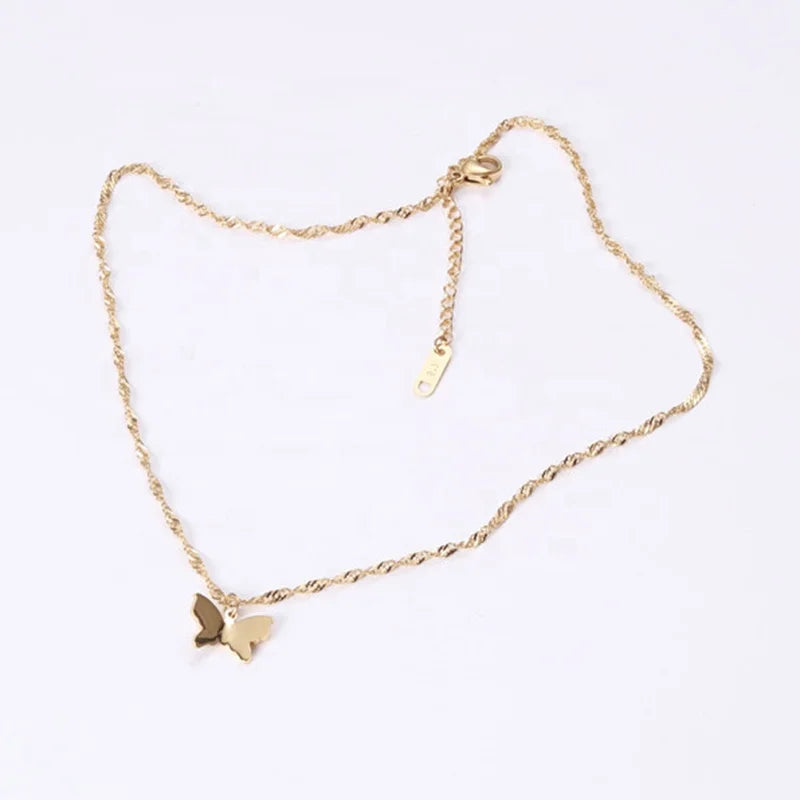 Fashion Jewelry PVD 18K Gold Plated Stainless Steel Wave Twisted Singapore Chain Butterfly Choker Necklace for Women Girl