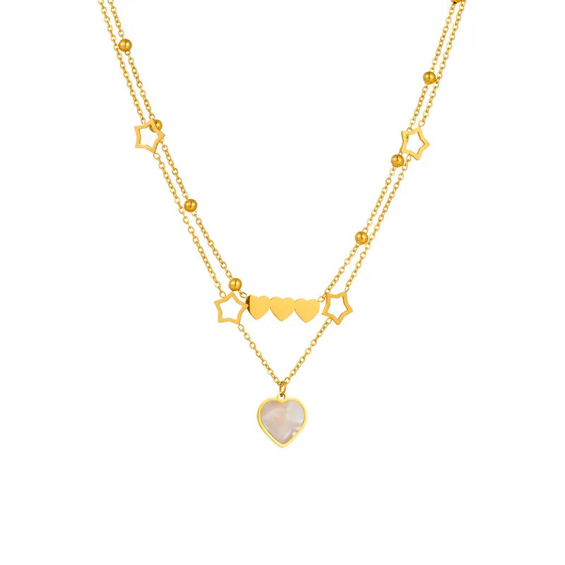 Fashion Jewelry Heart Shell Pendant Necklaces Women Stainless Steel Star Charm Tassel Double Layered Necklace