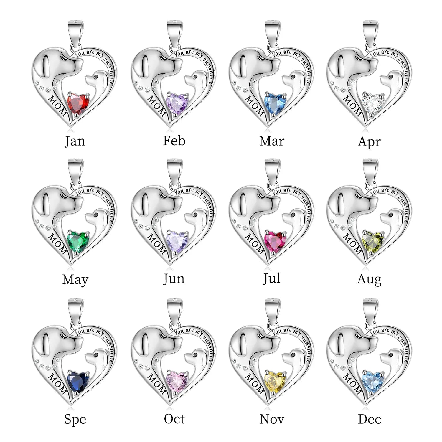 925 Sterling Silver 12 Birthstone Pendant Mother Daughter Dog and Puppy Love Silver Pendant