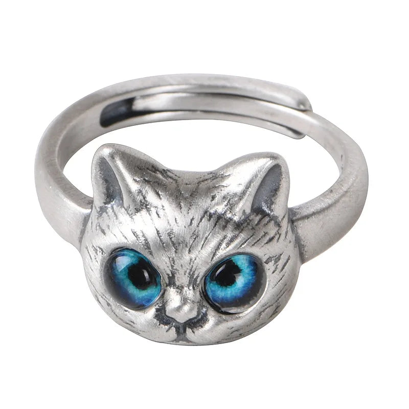 Vintage Classic Adjustable S925 Sterling Silver Blue Eyes Kitty Open Rings