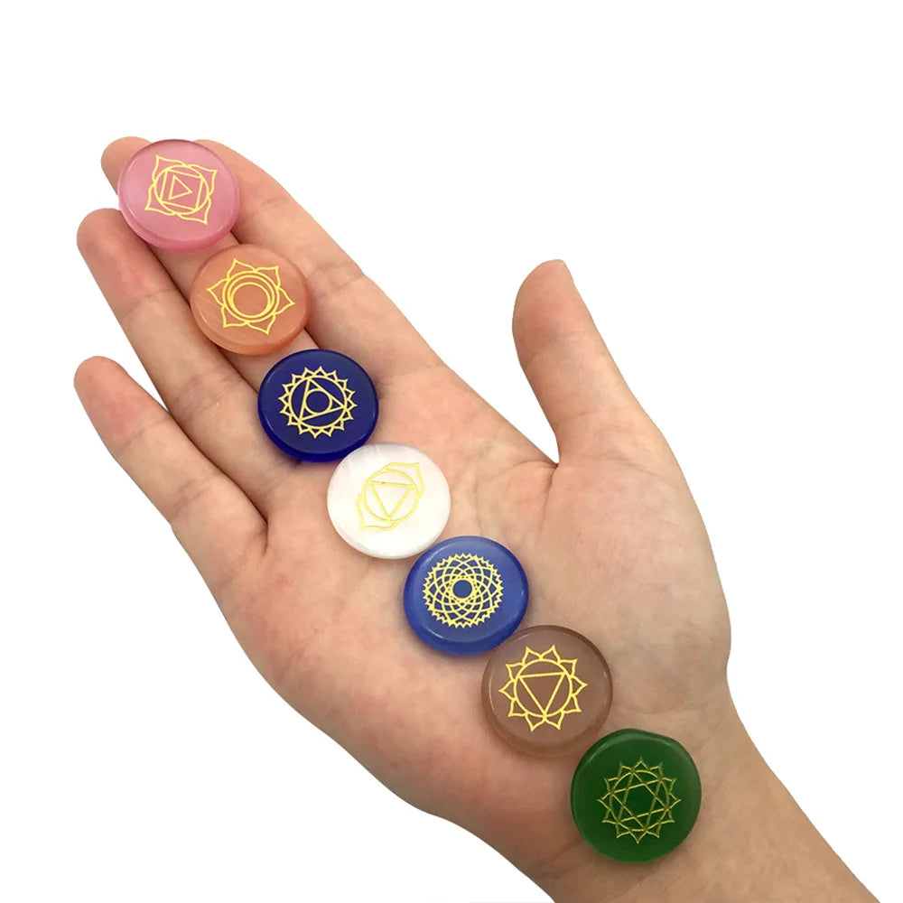 7 Chakra Cat Eye Synthetic Stones with Engraved Chakra Symbols for Home Decor Reiki Energy Healing Crystal
