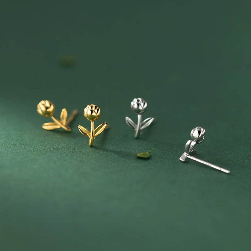 Women's 925 Sterling Silver Tulip Gold Stud Earrings Simple Romantic Classic Flower Party Jewelry for Gift