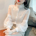 6380# Sweet Style Lantern Sleeve Chiffon Shirt Women Embroidered Flower White Blouses Female Mesh Stitching Pure Top